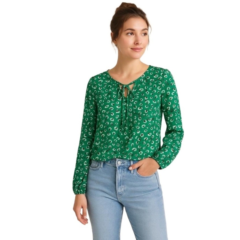 Fun2Fun Green Floral Print Long Sleeve Blouse Women's Size M